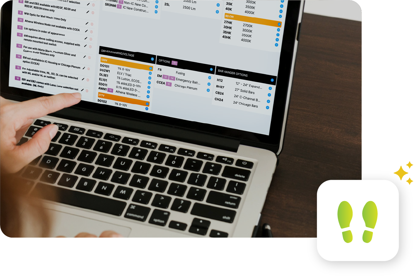 close up of user using configurator software on laptop
